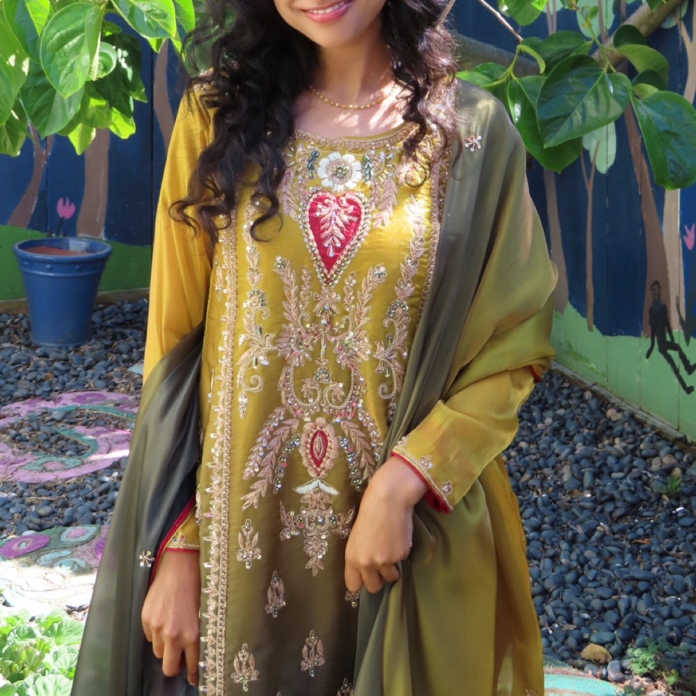 Pakistani Embroidered Mustard Yellow ombré suit
